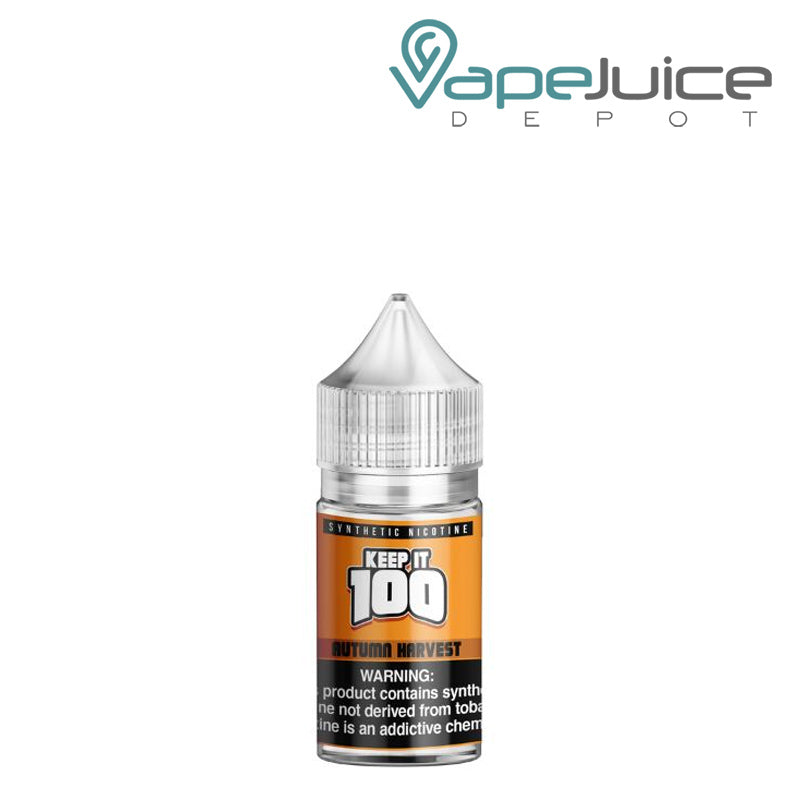 A 30ml bottle Harvest Keep It 100 TFN Salt with a warning sign - Vape Juice Depot