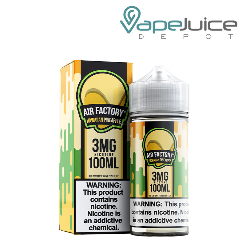 A box of Pineapple Whip Air Factory Synthetic eLiquid 3mg with a warning sign and a 100ml bottle next to it - Vape Juice Depot
