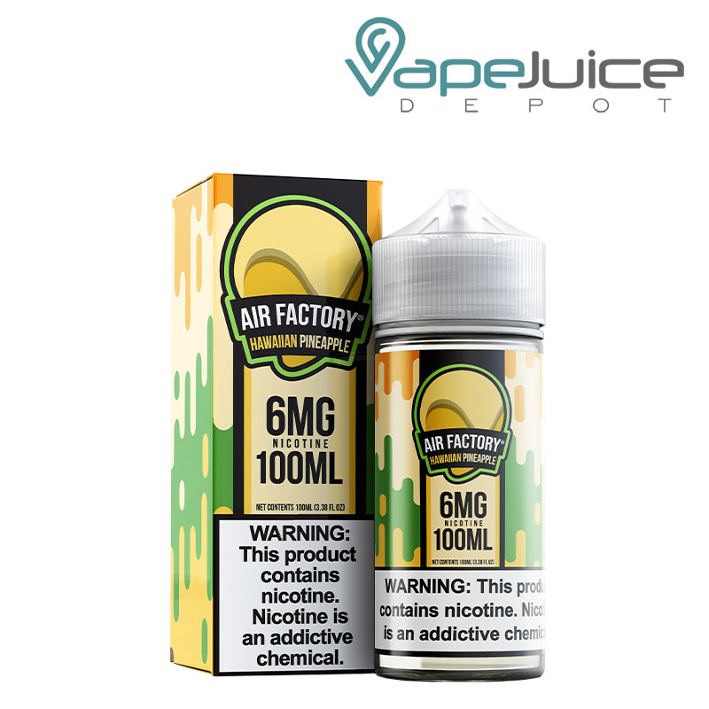 A box of Pineapple Whip Air Factory Synthetic eLiquid 6mg with a warning sign and a 100ml bottle next to it - Vape Juice Depot