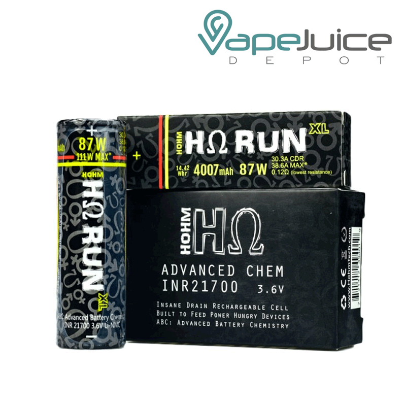 A Hohm RUN XL 21700 Battery and a box next to it - Vape Juice Depot