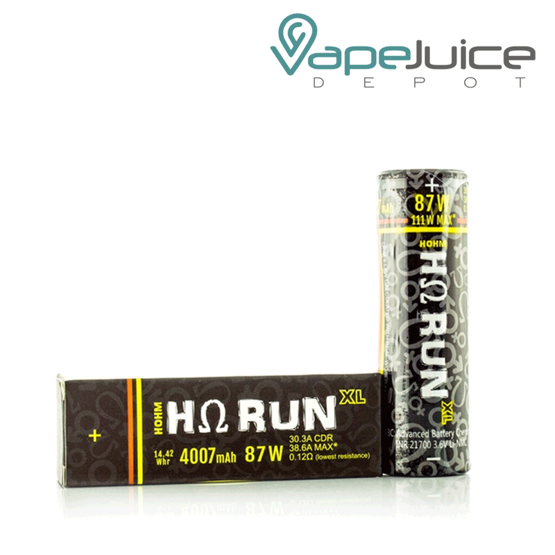 A Hohm RUN XL 21700 Battery and a box next to it - Vape Juice Depot