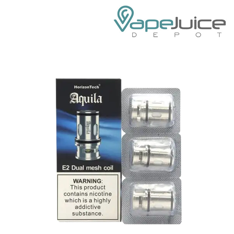 A box of HorizonTech Aquila E2 Dual Mesh Coil with a warning sign and a 3-pack next to it - Vape Juice Depot