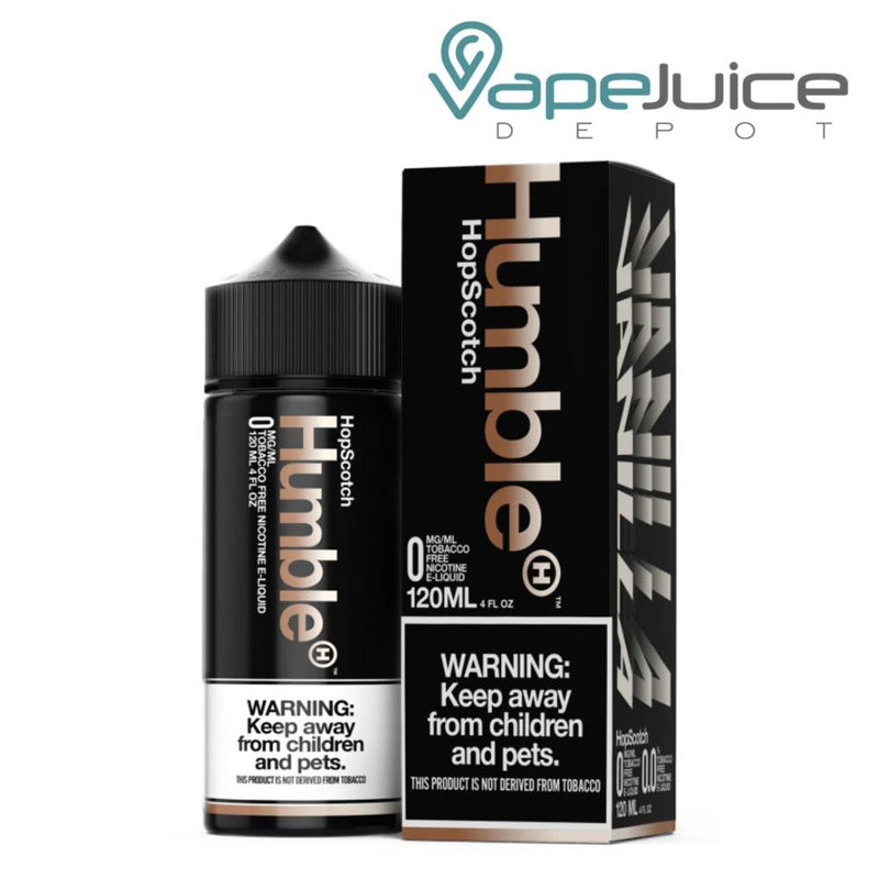 A 120ml 0mg bottle of Humble Hop Scotch TFN eLiquid with a warning sign and a box next to it - Vape Juice Depot