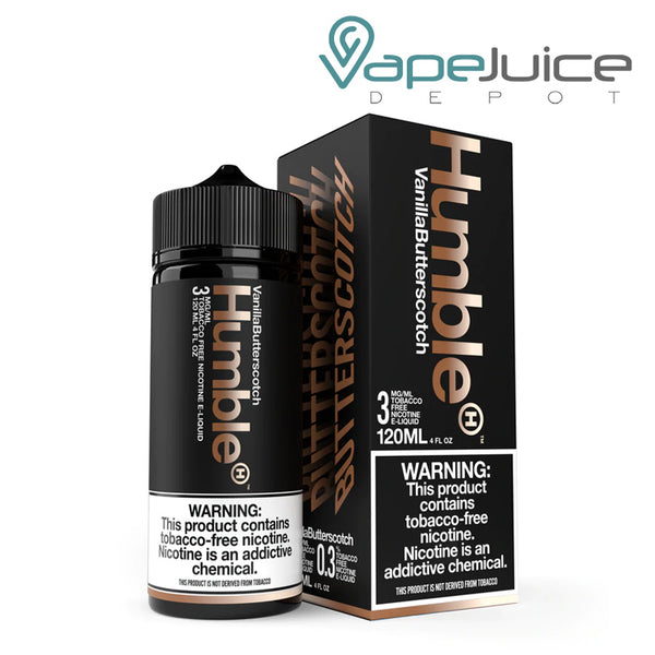 A 120ml bottle of Humble Vanilla Butterscotch TFN eLiquid with a warning sign and a box next to it - Vape Juice Depot