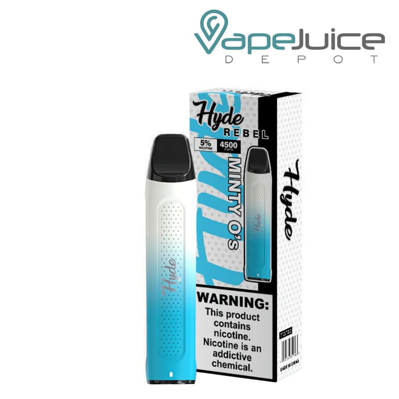 Minty O's Hyde REBEL Recharge 4500 Disposable and a box with a warning sign - Vape Juice Depot