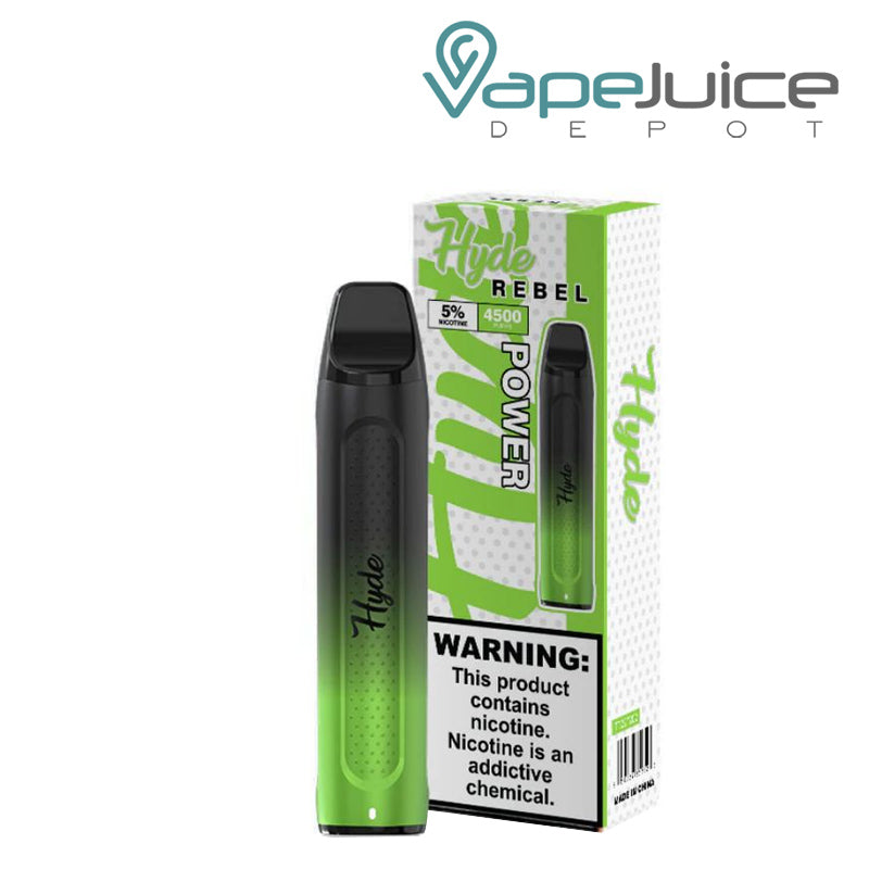 Power Hyde REBEL Recharge 4500 Disposable and a box with a warning sign - Vape Juice Depot