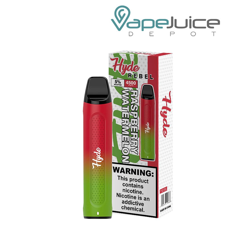 Raspberry Watermelon Hyde REBEL Recharge 4500 Disposable and a box with a warning sign - Vape Juice Depot