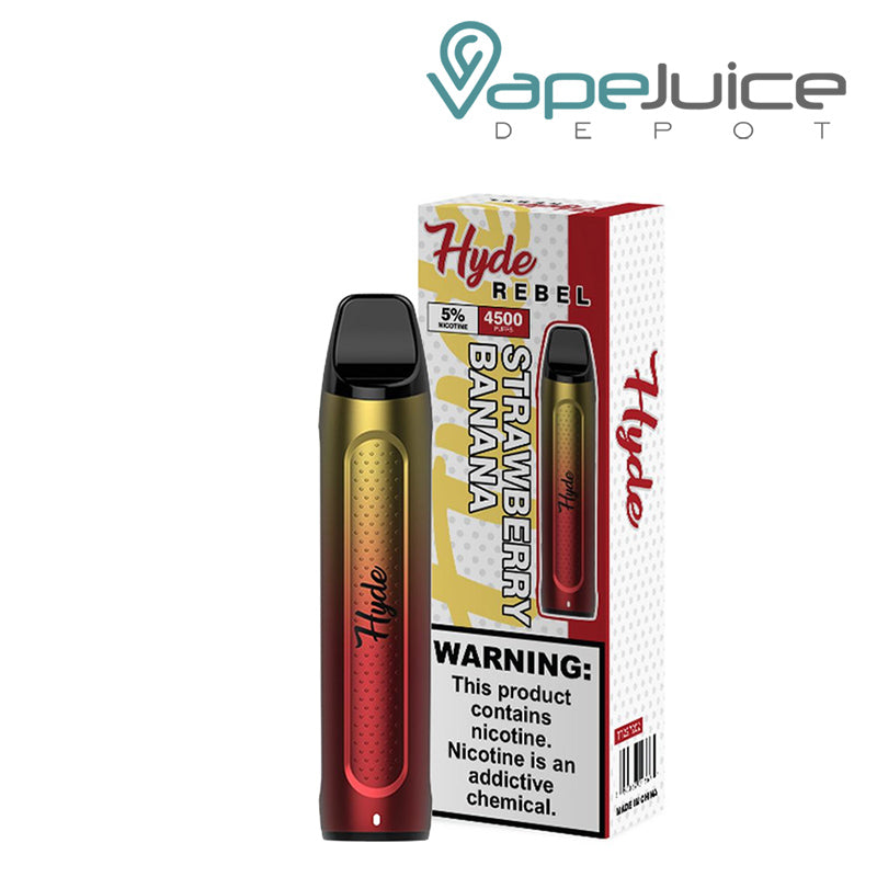 Strawberry Banana Hyde REBEL Recharge 4500 Disposable and a box with a warning sign - Vape Juice Depot