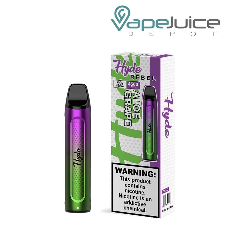 Aloe Grape Hyde REBEL Recharge 4500 Disposable and a box with a warning sign next to it - Vape Juice Depot