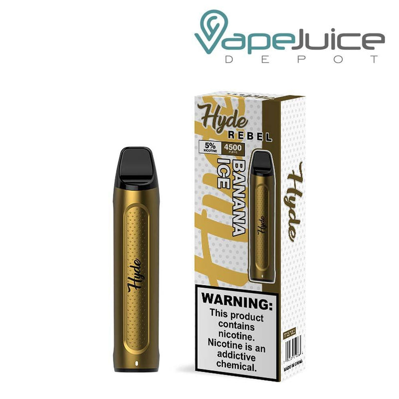 Banana Ice Hyde REBEL Recharge 4500 Disposable and a box with a warning sign next to it - Vape Juice Depot