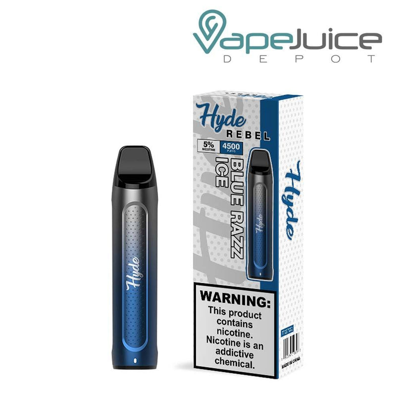 Blue Razz Ice Hyde REBEL Recharge 4500 Disposable and a box with a warning sign next to it - Vape Juice Depot