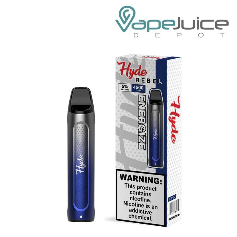 Energize Hyde REBEL Recharge 4500 Disposable and a box with a warning sign next to it - Vape Juice Depot