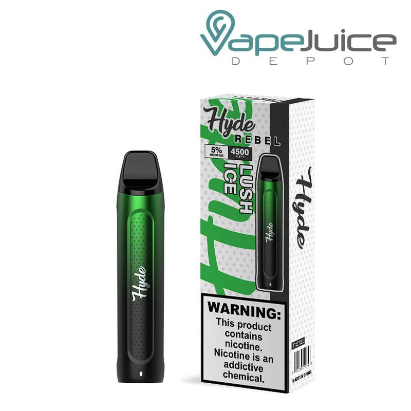 Lush Ice Hyde REBEL Recharge 4500 Disposable and a box with a warning sign next to it - Vape Juice Depot