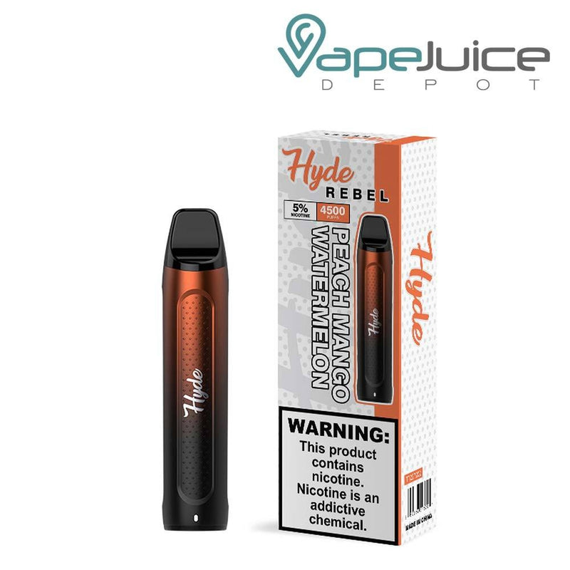 Peach Mango Watermelon Hyde REBEL Recharge 4500 Disposable and a box with a warning sign next to it - Vape Juice Depot