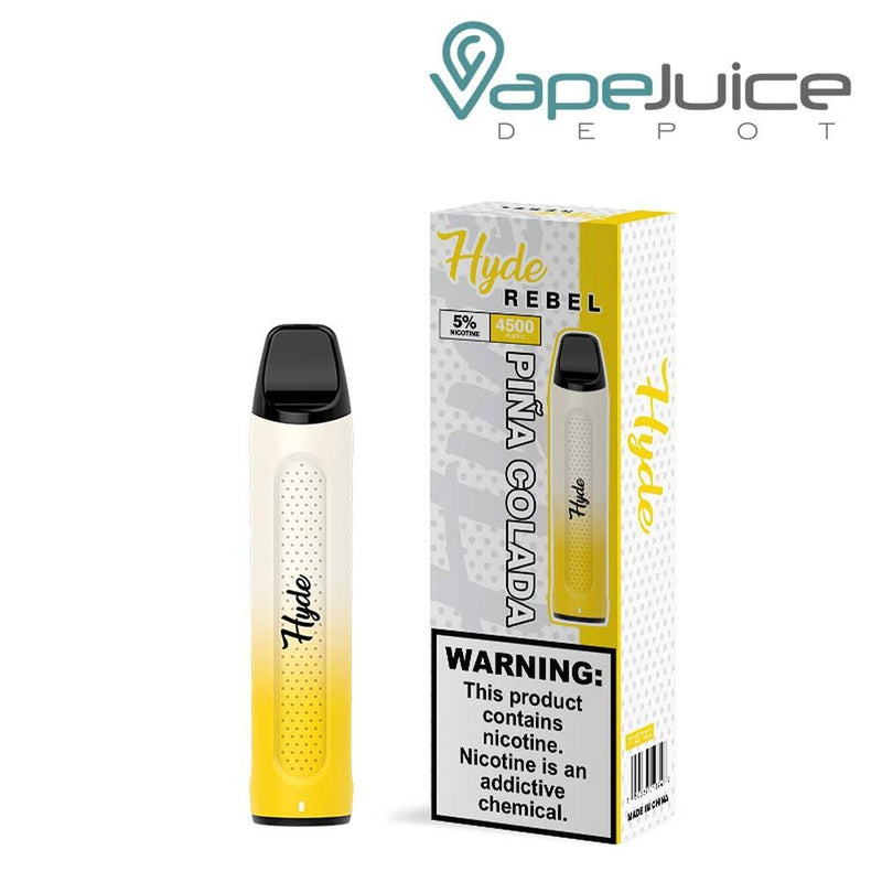 Pina Colada Hyde REBEL Recharge 4500 Disposable and a box with a warning sign next to it - Vape Juice Depot