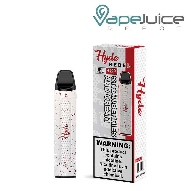 Strawberries Cream Hyde REBEL Recharge 4500 Disposable and a box with a warning sign next to it - Vape Juice Depot