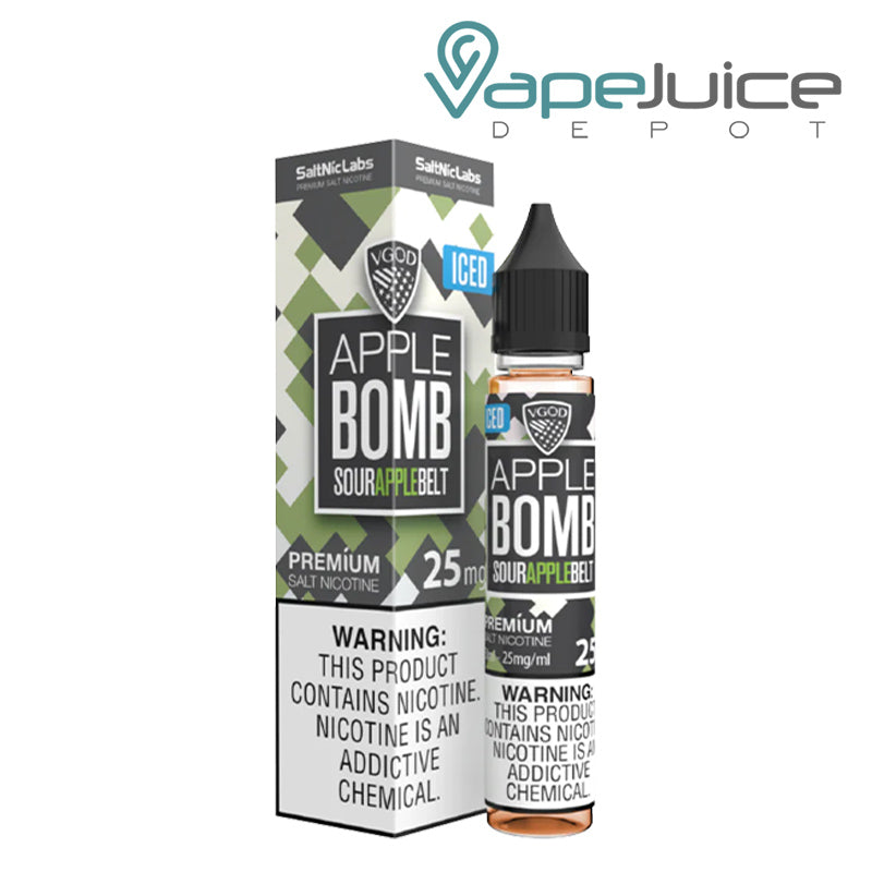 A box of ICED Apple Bomb VGOD SaltNic with a warning sign and a 30ml bottle next to it - Vape Juice Depot
