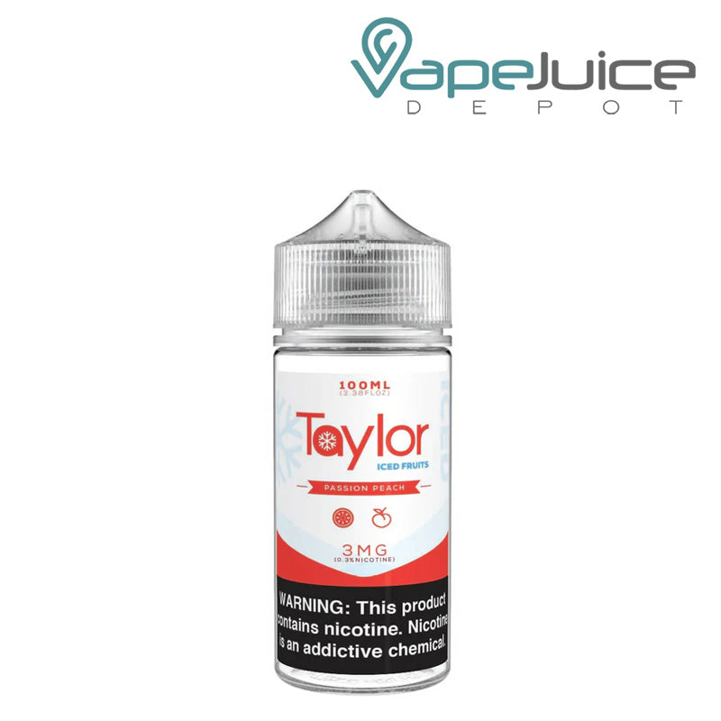 A 100ml bottle of ICED Passion Peach Taylor Fruits with a warning sign - Vape Juice Depot