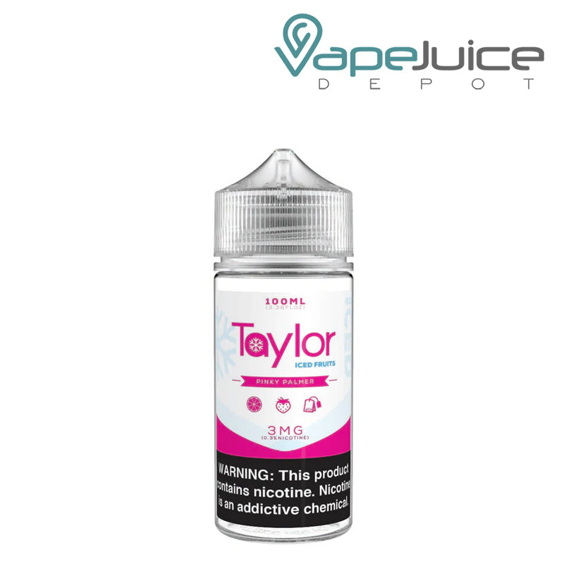 A 100ml bottle of ICED Pinky Palmer Taylor Fruits with a warning sign - Vape Juice Depot