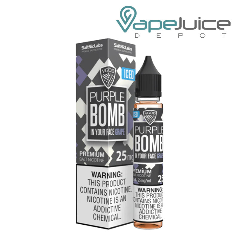 A box of ICED Purple Bomb VGOD SaltNic with a warning sign and a 30ml bottle next to it - Vape Juice Depot