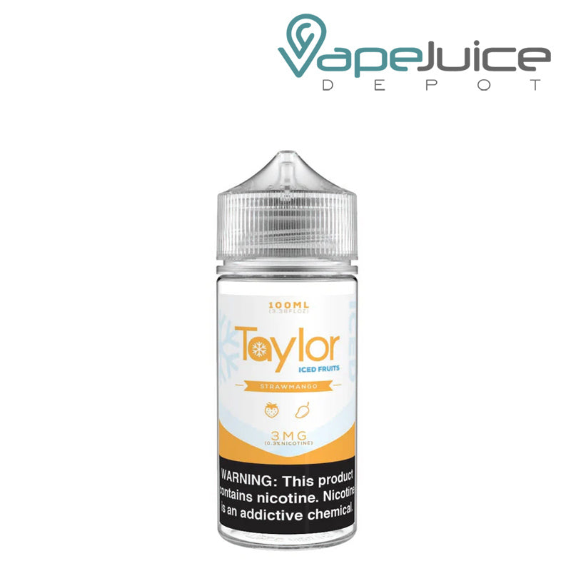 A 100ml bottle of ICED Strawmango Taylor Fruits with a warning sign - Vape Juice Depot