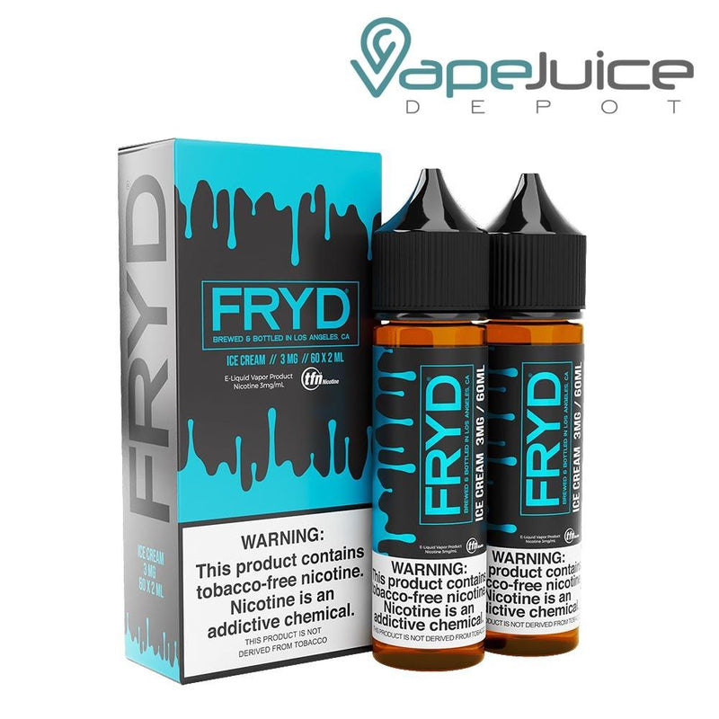 A box of Ice Cream FRYD TFN eLiquid and a 120ml bottle with a warning sign next to it - Vape Juice Depot