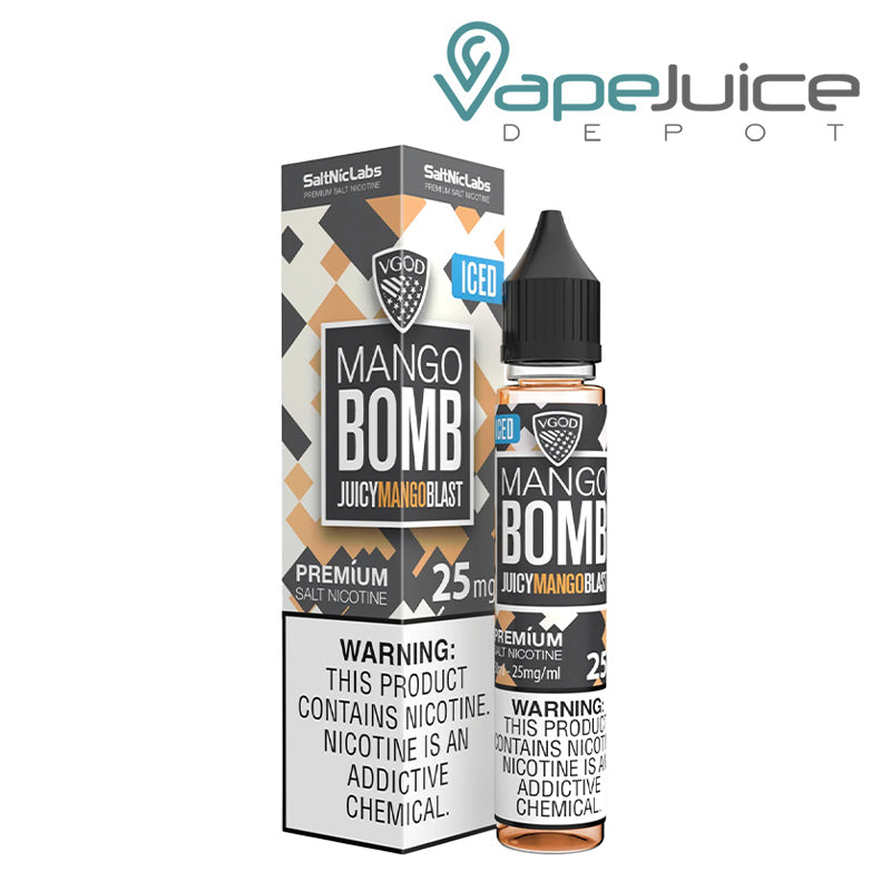 A box of Iced Mango Bomb VGOD SaltNic with a warning sign and a 30ml bottle next to it - Vape Juice Depot