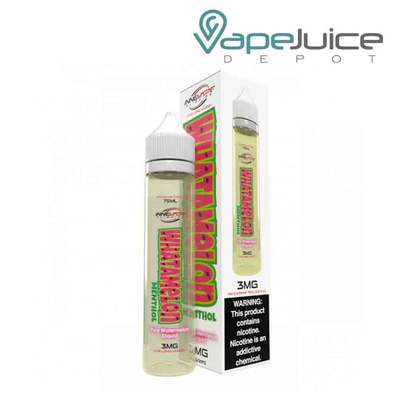 A 75ml bottle of Whatamelon Menthol Innevape eLiquid and a box with a warning sign - Vape Juice Depot