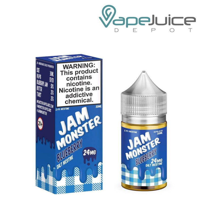 A box of Blueberry Jam Monster Salt with a warning sign and a 30ml bottle next to it - Vape Juice Depot