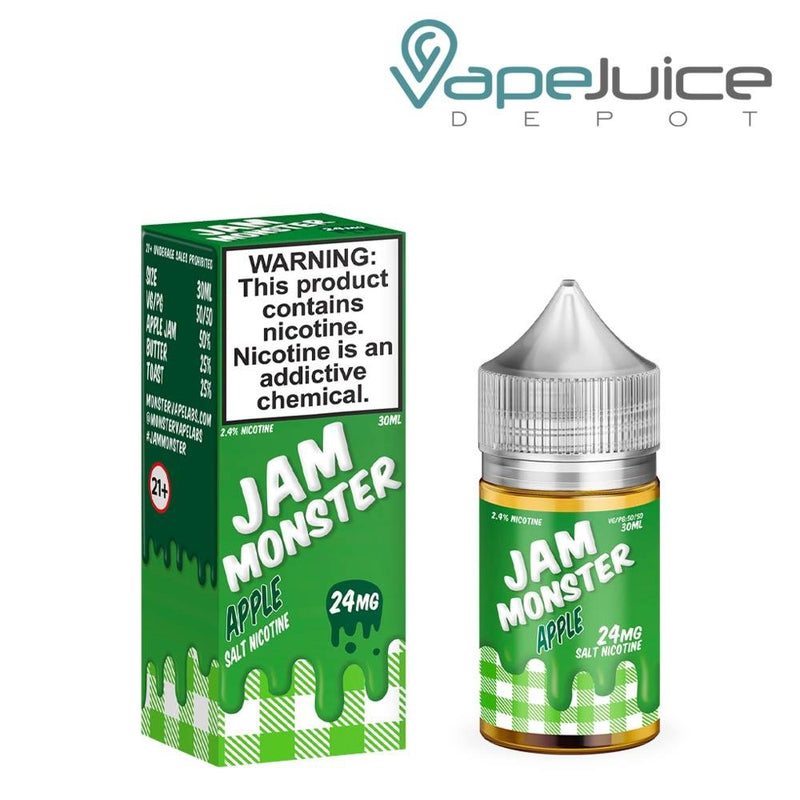 A box of Apple Jam Monster Salt with a warning and a 30ml chubby gorilla bottle next to it - Vape Juice Depot