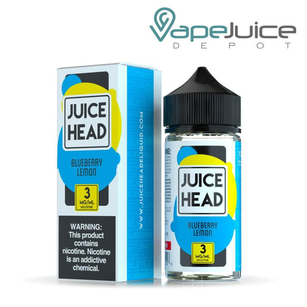 A box of Blueberry Lemon Juice Head with a warning sign and a 100ml bottle next to it - Vape Juice Depot