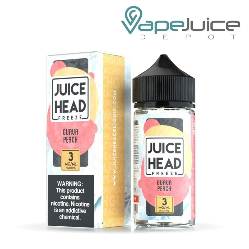A box of Guava Peach Juice Head Freeze with a warning sign and a 100ml bottle next to it - Vape Juice Depot