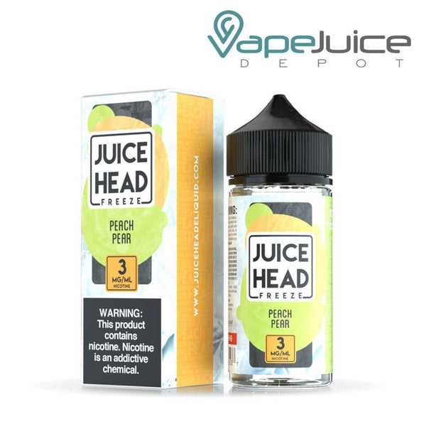 A box of Peach Pear Juice Head Freeze with a warning sign and a 100ml bottle next to it - Vape Juice Depot