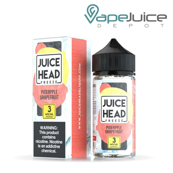A box of Pineapple Grapefruit Juice Head Freeze with a warning sign and a 100ml bottle next to it - Vape Juice Depot