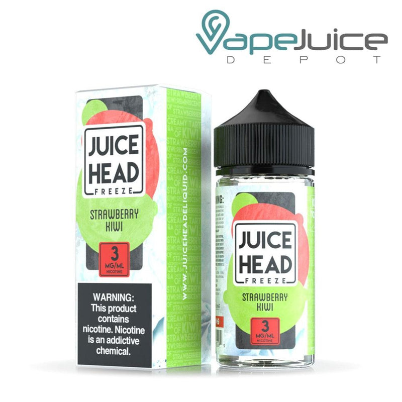A box of Strawberry Kiwi Juice Head Freeze with a warning sign and a 100ml bottle next to it - Vape Juice Depot