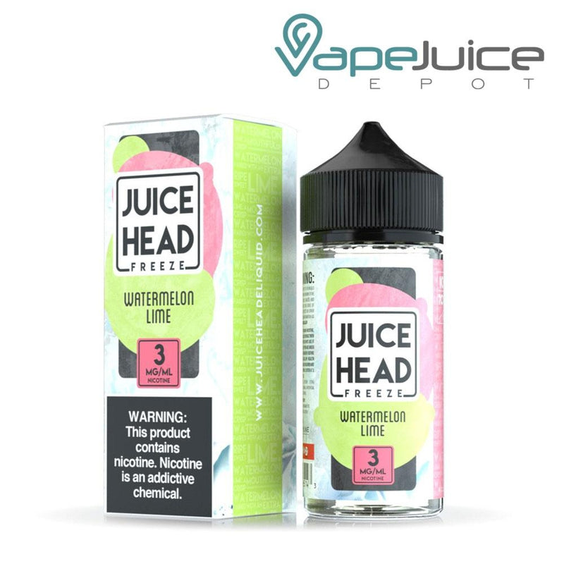 A box of Watermelon Lime Juice Head Freeze with a warning sign and a 100ml bottle next to it - Vape Juice Depot