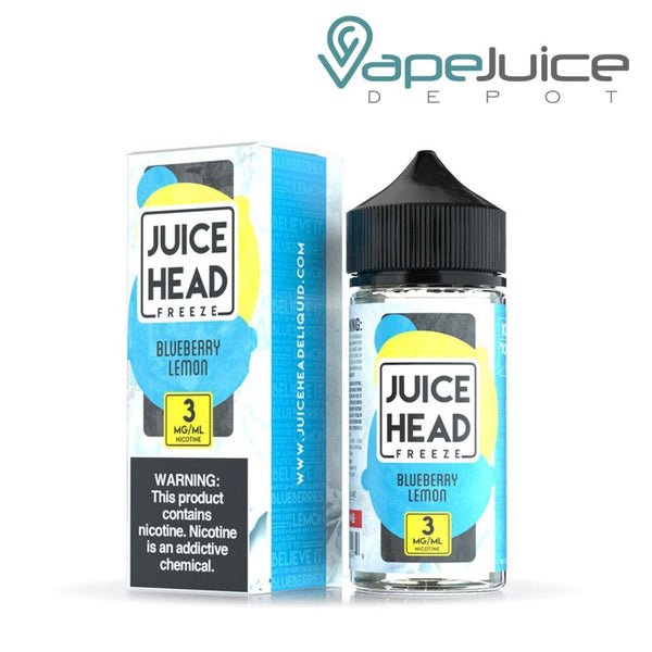 A box of Blueberry Lemon Juice Head Freeze with a warning sign and a 100ml bottle next to it - Vape Juice Depot