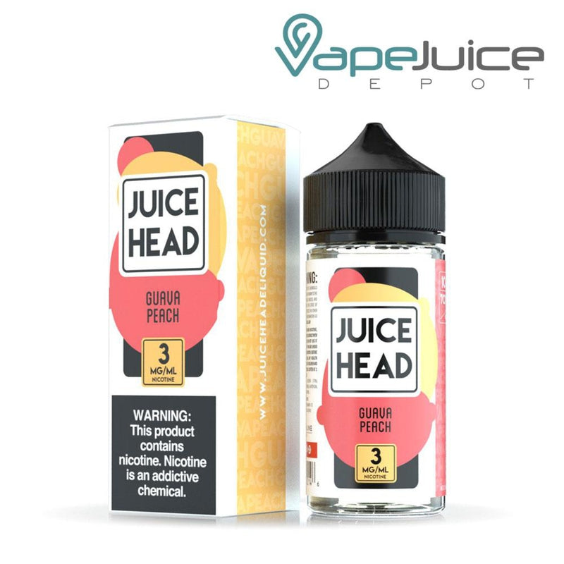 A box of Guava Peach Juice Head with a warning sign and a 100ml bottle next to it - Vape Juice Depot