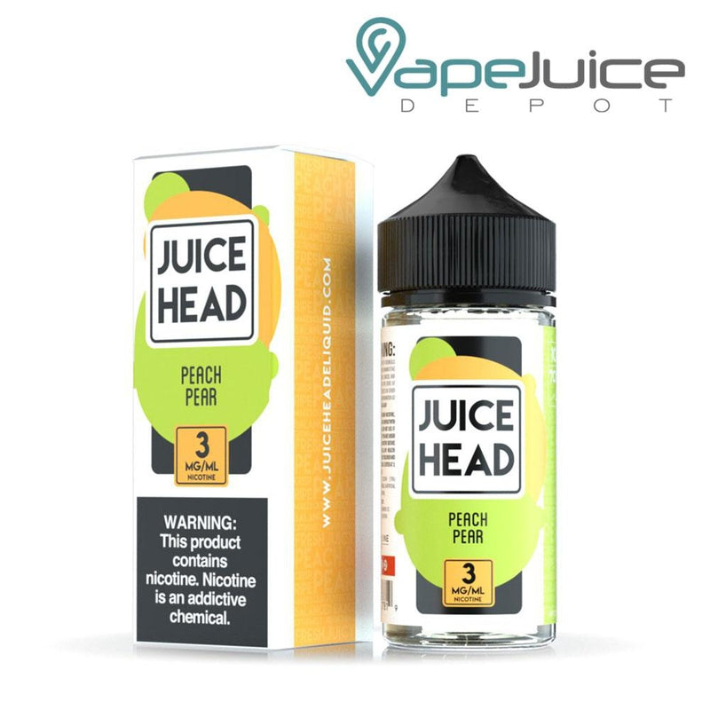A box of Peach Pear Juice Head with a warning sign and a 100ml bottle next to it - Vape Juice Depot