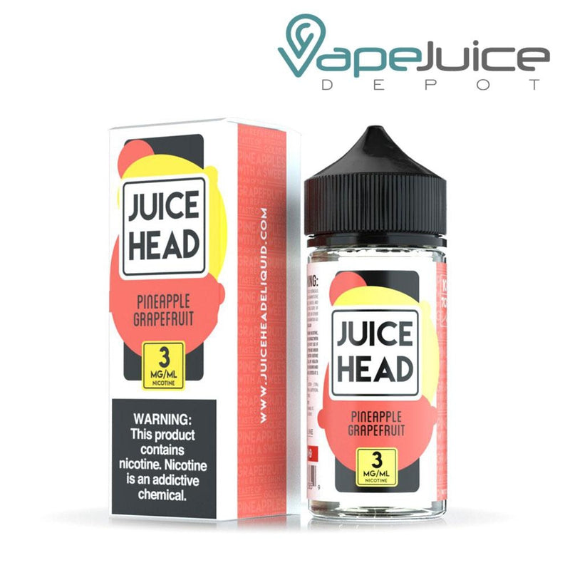 A box of Pineapple Grapefruit Juice Head with a warning sign and a 100ml bottle next to it - Vape Juice Depot