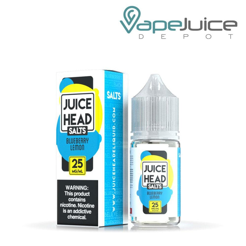 A box of Blueberry Lemon Salts Juice Head with a warning sign and a 30ml bottle next to it - Vape Juice Depot