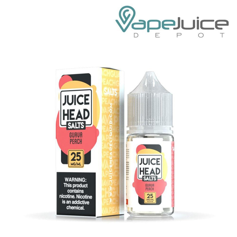 A box of Guava Peach Salts Juice Head with a warning sign and a 30ml bottle next to it - Vape Juice Depot