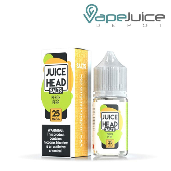 A box of Peach Pear Salts Juice Head with a warning sign and a 30ml bottle next to it - Vape Juice Depot