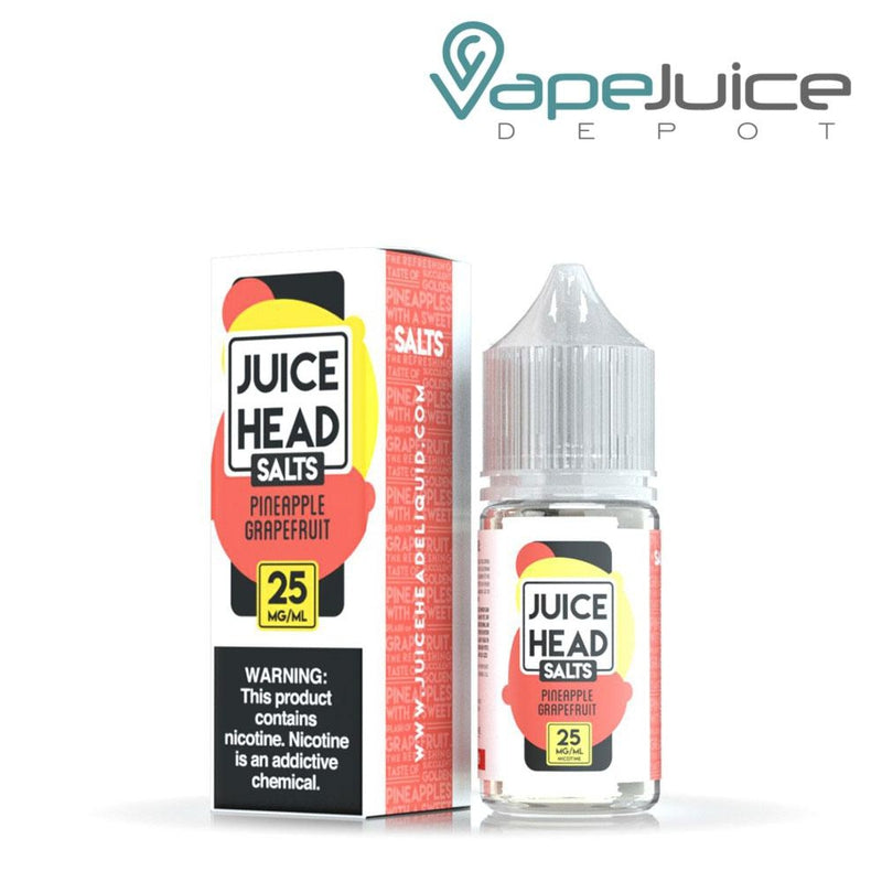 A box of Pineapple Grapefruit Salts Juice Head with a warning sign and a 30ml bottle next to it - Vape Juice Depot