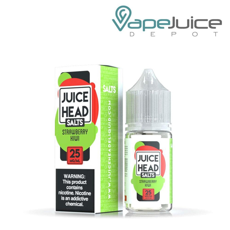A box of Strawberry Kiwi Salts Juice Head with a warning sign and a 30ml bottle next to it - Vape Juice Depot