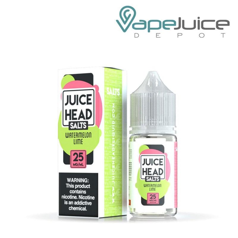 A box of Watermelon Lime Salts Juice Head with a warning sign and a 30ml bottle next to it - Vape Juice Depot 