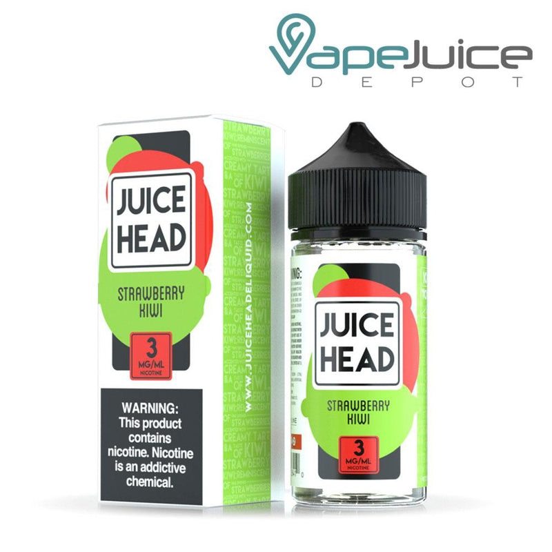 A box of Strawberry Kiwi Juice Head with a warning sign and a 100ml bottle next to it - Vape Juice Depot