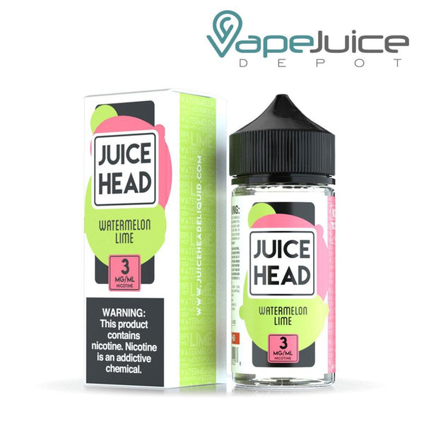A box of Watermelon Lime Juice Head with a warning sign and a 100ml bottle next to it - Vape Juice Depot