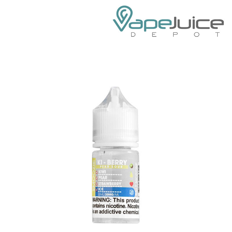 A 30ml bottle of Ki-Berry Pear Sour Ice Smoozie Salt with a warning sign - Vape Juice Depot