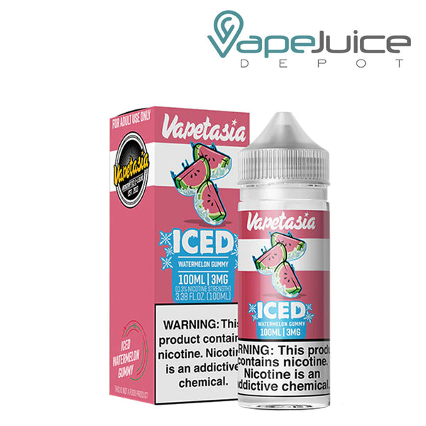 A box of Killer Sweets Iced Watermelon Gummy Vapetasia Synthetic with a warning sign and a 100ml bottle next to it - Vape Juice Depot